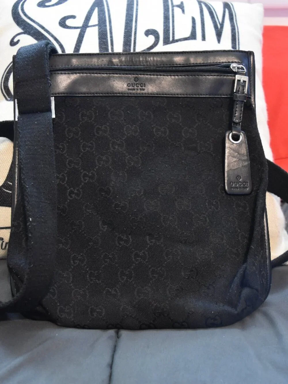 Vintage Gucci GG Monogram‎ Black Canvas Crossbody Shoulder Bag - Made in Italy